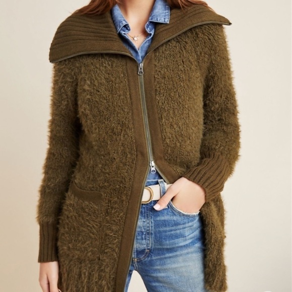 Anthropologie Bethenny Zip-Front Cardigan size S knit jacket olive green - Picture 5 of 13